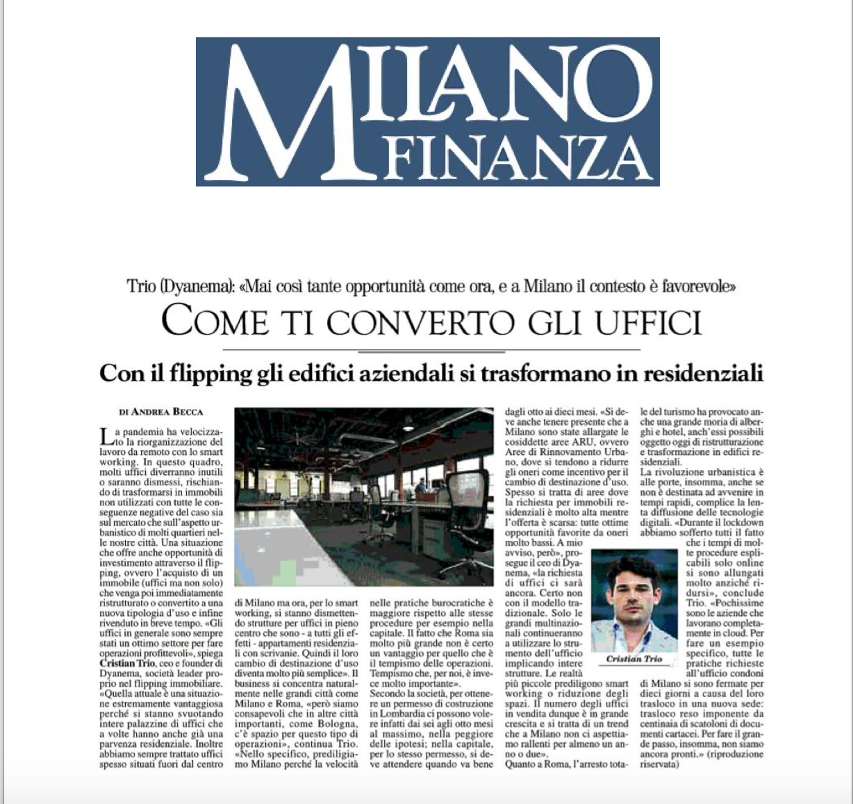 ti converto gli uffici&quot; Milano Finanza parla ancora di Dyanema